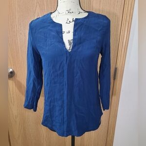 Amanda Uprichard Navy Royal Blue Silk V-neck Blouse